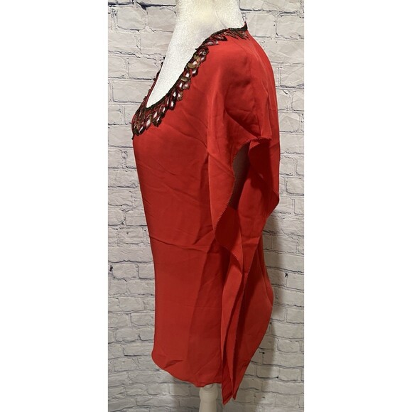 BCBG Maxazria Silk red flutter sleeve Gold Sequin scoop neck blouse top Small - Picture 4 of 8